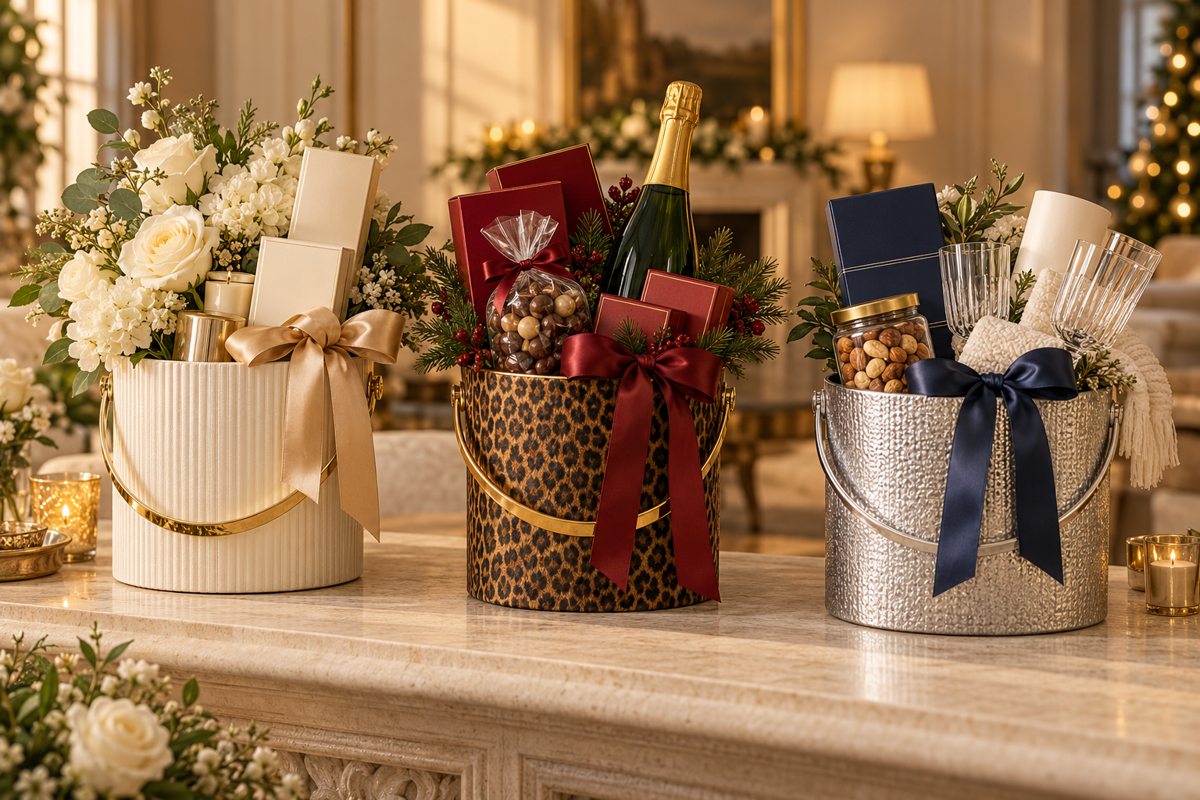 Illustrative gifting concepts with decorative buckets, flowers, chocolates and carefully arranged gift additions